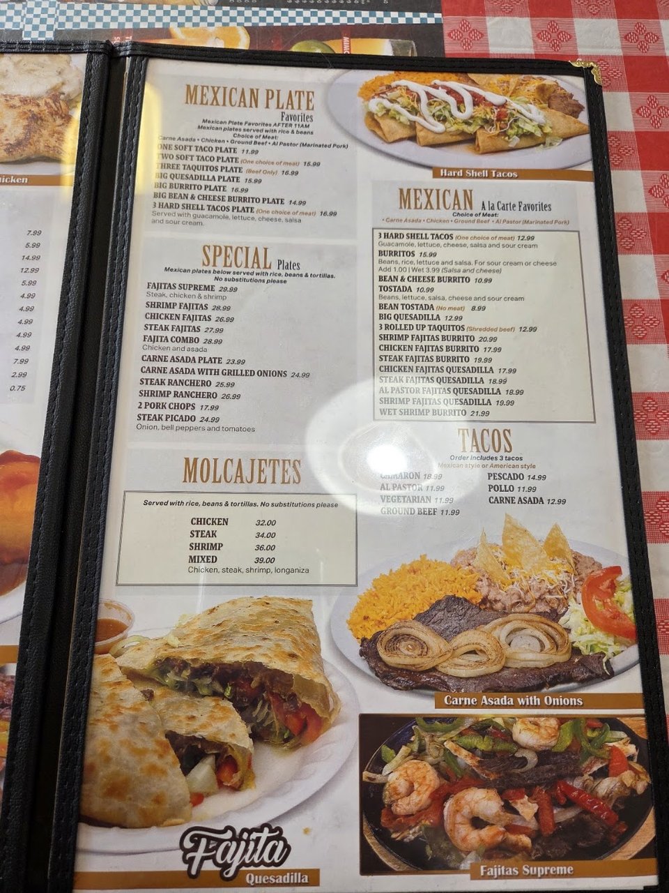 Printed menu showing molcajetes and south-of-the-border dishes.