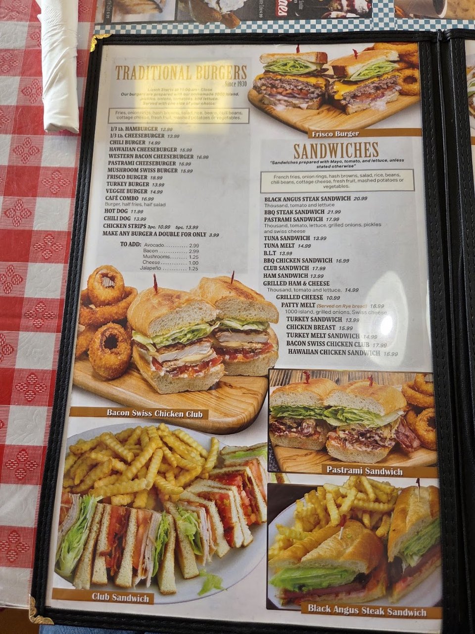 Restaurant menu close-up with Mexican-style plate options.